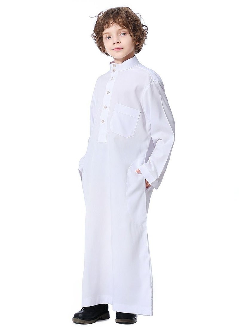 Boys Solid Color Stand  Collar Long Sleeve Abaya Robe Islamic Arabic Kaftan White