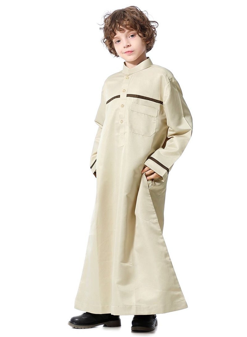 Boys Concise Style Stand Collar Long Sleeve Abaya Robe Islamic Arabic Casual Kaftan Beige