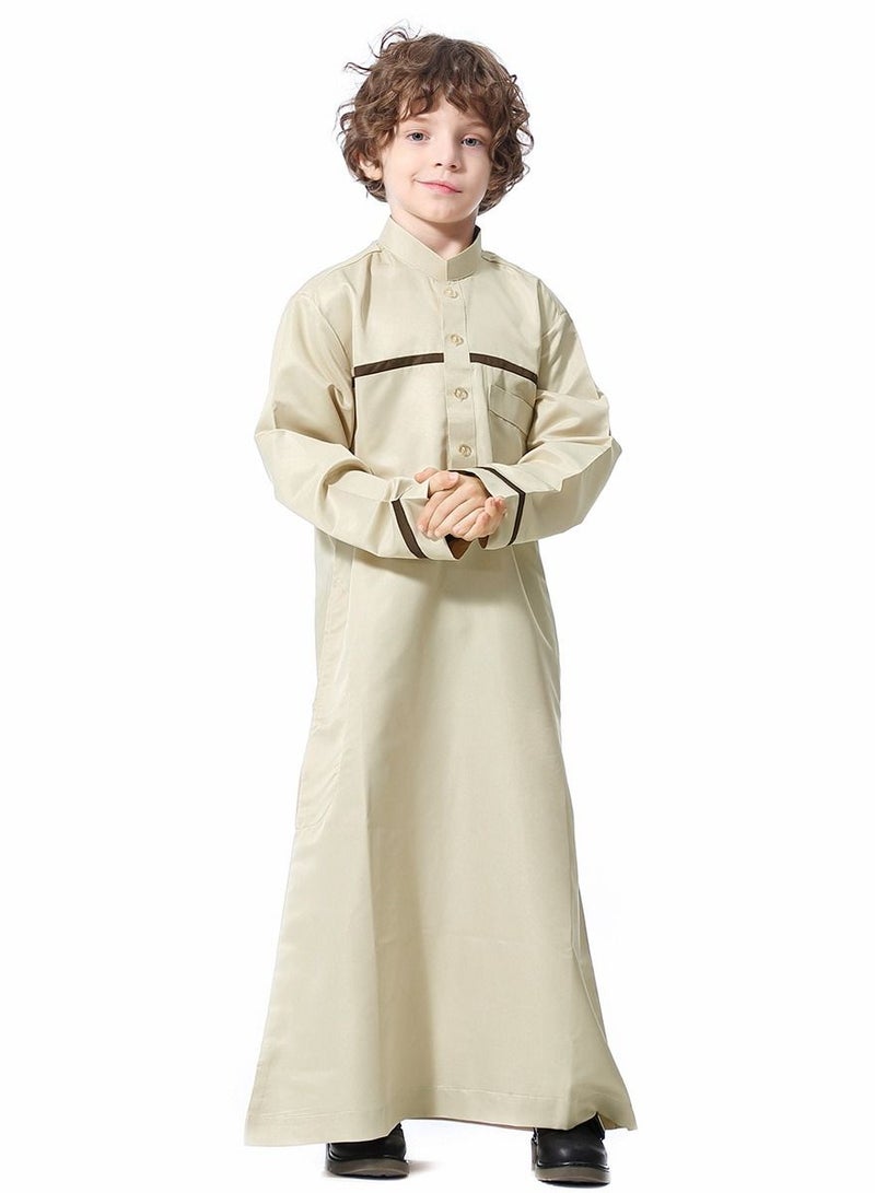 Boys Concise Style Stand Collar Long Sleeve Abaya Robe Islamic Arabic Casual Kaftan Beige