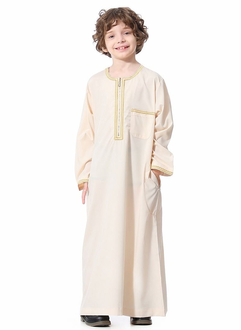 Boys Muslim Clothing Long Sleeve Kaftan Embroidered Robe With Pockets And Zipper Islamic Arabic Abaya Clothes Beige