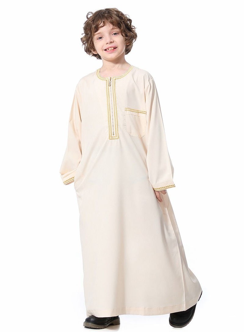 Boys Muslim Clothing Long Sleeve Kaftan Embroidered Robe With Pockets And Zipper Islamic Arabic Abaya Clothes Beige