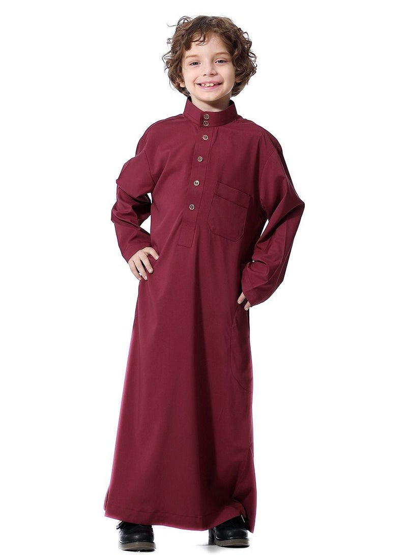 Boys Solid Color Stand  Collar Long Sleeve Abaya Robe Islamic Arabic Kaftan Wine Red