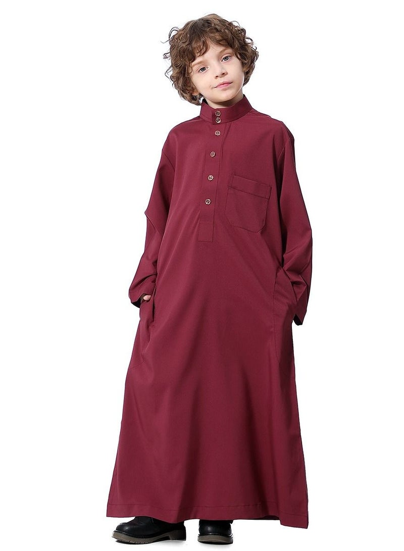 Boys Solid Color Stand  Collar Long Sleeve Abaya Robe Islamic Arabic Kaftan Wine Red