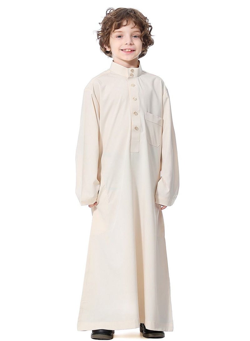 Boys Solid Color Stand Collar Long Sleeve Abaya Robe Islamic Arabic Kaftan Light Beige