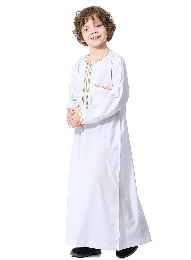 Boys Muslim Clothing Long Sleeve Kaftan Embroidered Robe With Pockets And Zipper Islamic Arabic Abaya Clothes White