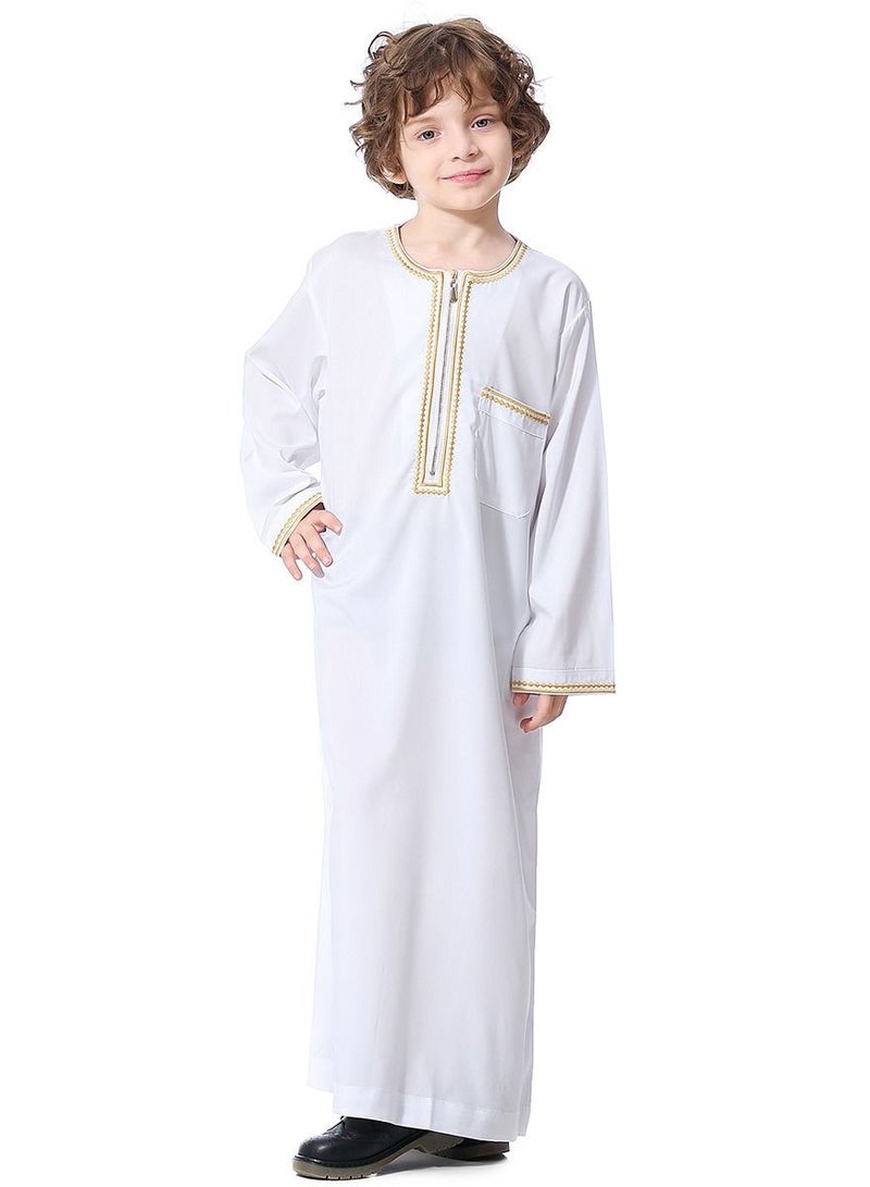 Boys Muslim Clothing Long Sleeve Kaftan Embroidered Robe With Pockets And Zipper Islamic Arabic Abaya Clothes White