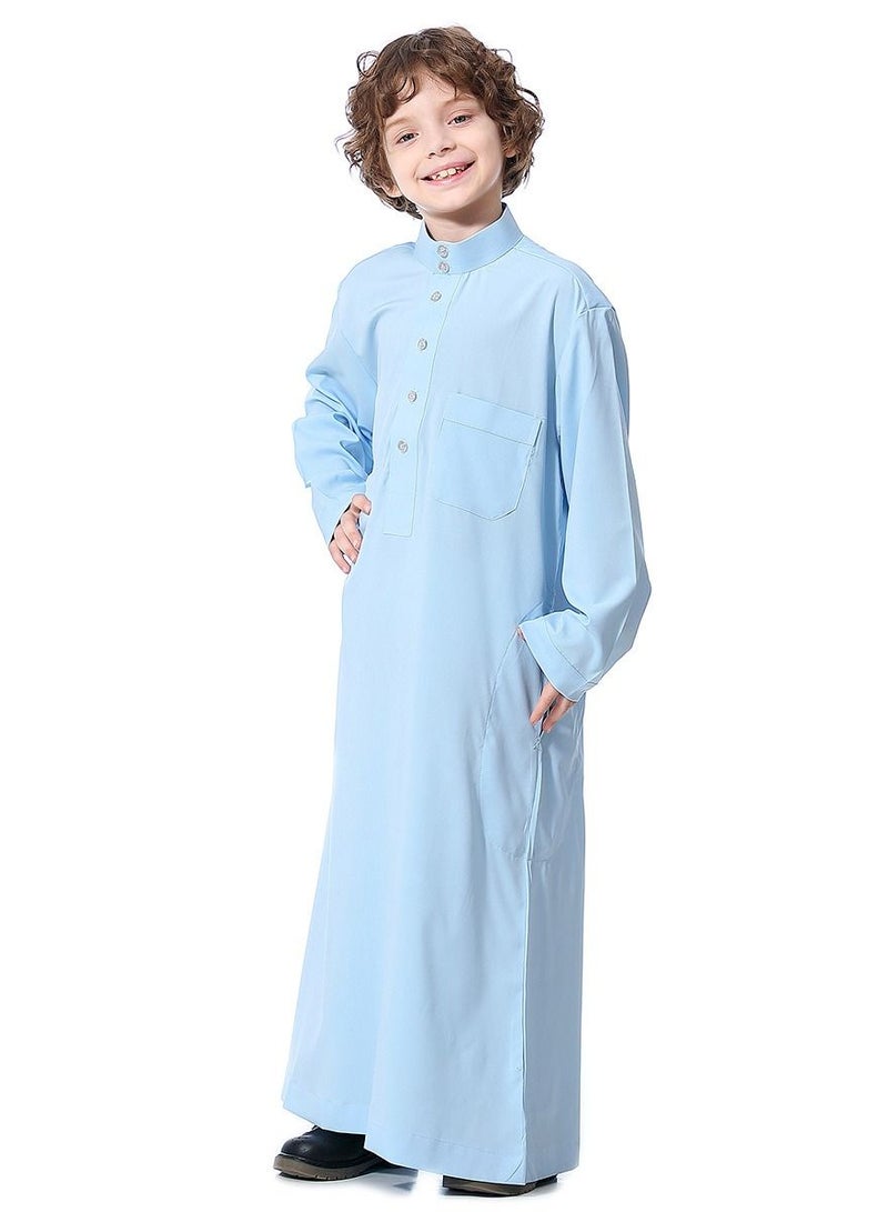 Boys Solid Color Stand Collar Long Sleeve Abaya Robe Islamic Arabic Kaftan Light Blue