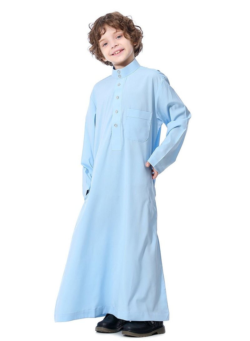 Boys Solid Color Stand Collar Long Sleeve Abaya Robe Islamic Arabic Kaftan Light Blue