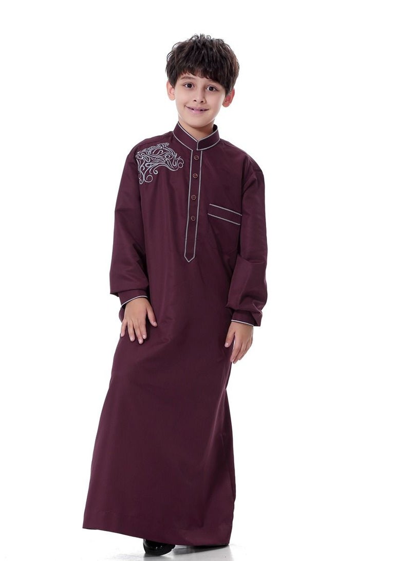 Boys Jacquard Stand Collar Long Sleeve Abaya Robe Islamic Arabic Kaftan Wine Red
