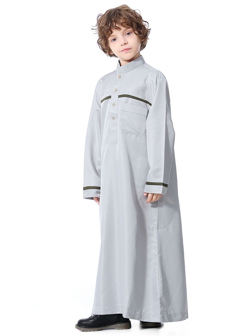 Boys Concise Style Stand Collar Long Sleeve Abaya Robe Islamic Arabic Casual Kaftan Grey