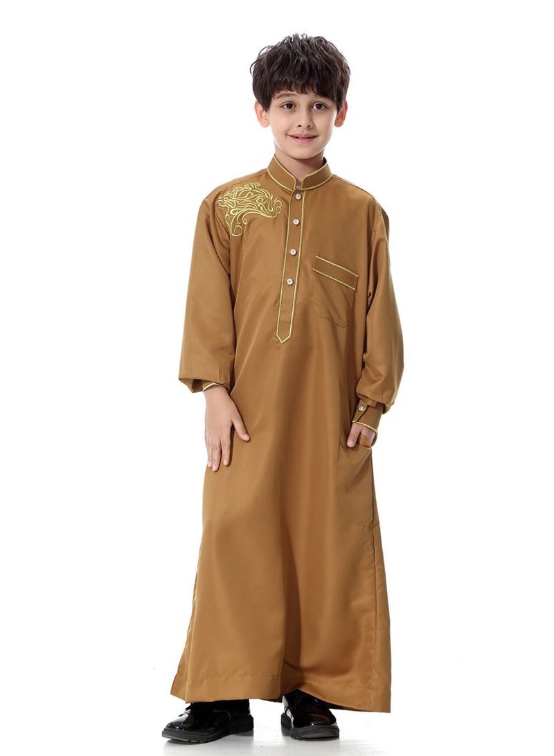 Boys Jacquard Stand Collar Long Sleeve Abaya Robe Islamic Arabic Kaftan Camel Color