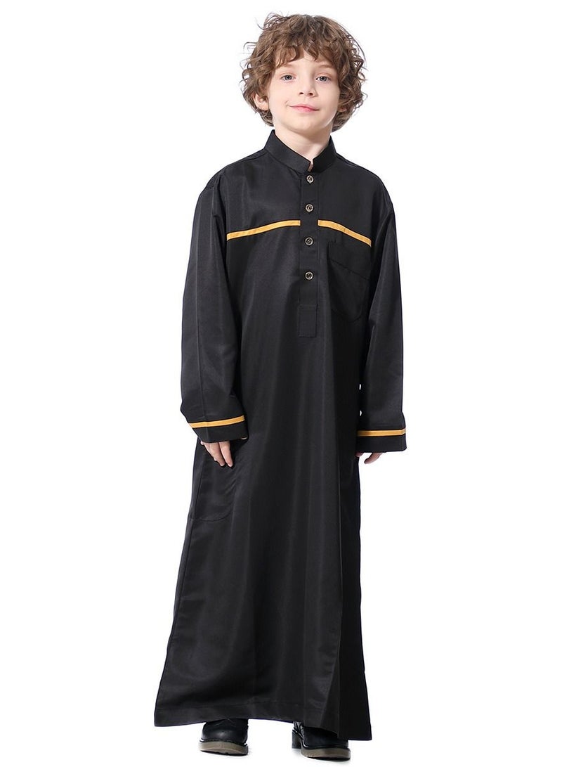 Boys Concise Style Stand Collar Long Sleeve Abaya Robe Islamic Arabic Casual Kaftan Black