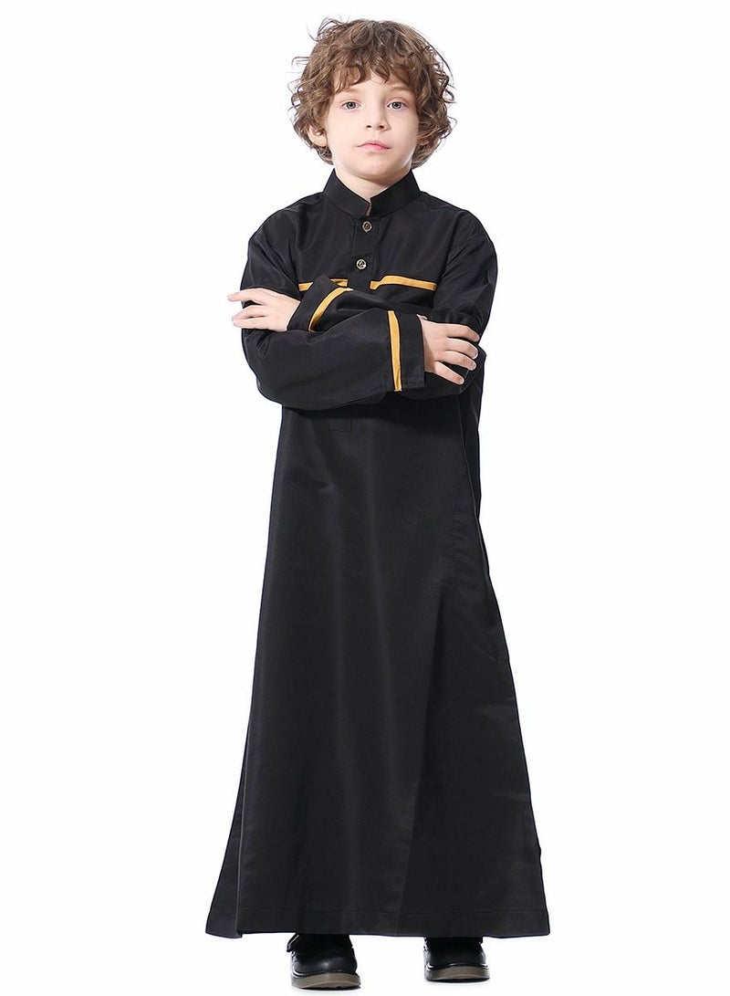 Boys Concise Style Stand Collar Long Sleeve Abaya Robe Islamic Arabic Casual Kaftan Black