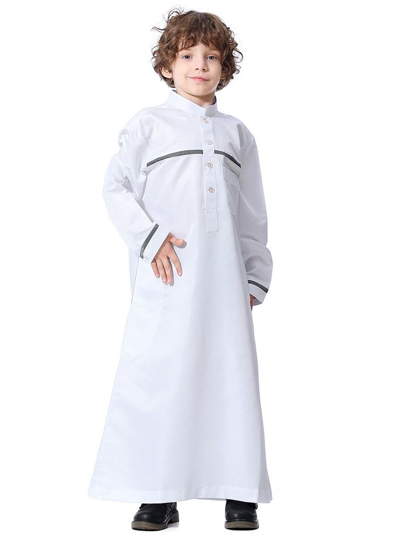 Boys Concise Style Stand Collar Long Sleeve Abaya Robe Islamic Arabic Casual Kaftan White