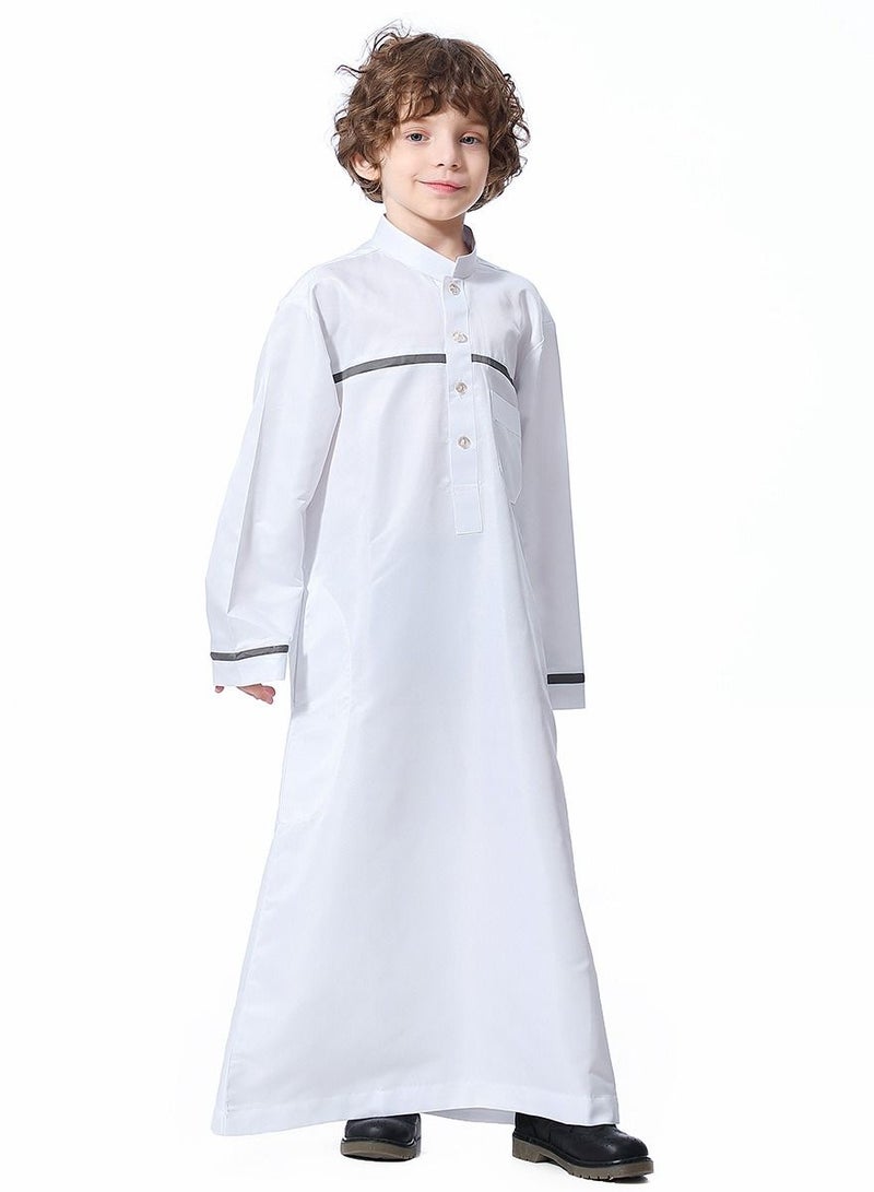 Boys Concise Style Stand Collar Long Sleeve Abaya Robe Islamic Arabic Casual Kaftan White