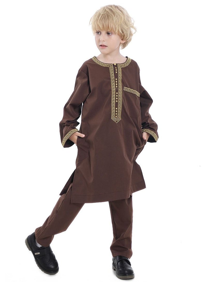 Boy's Muslim Clothing Kaftan Set Middle East Youth Embroidered Robe Suit Round Neck Islamic Dress Arabic Wear Coffee