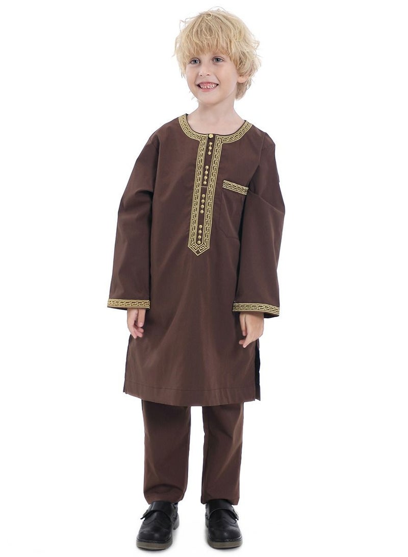 Boy's Muslim Clothing Kaftan Set Middle East Youth Embroidered Robe Suit Round Neck Islamic Dress Arabic Wear Coffee