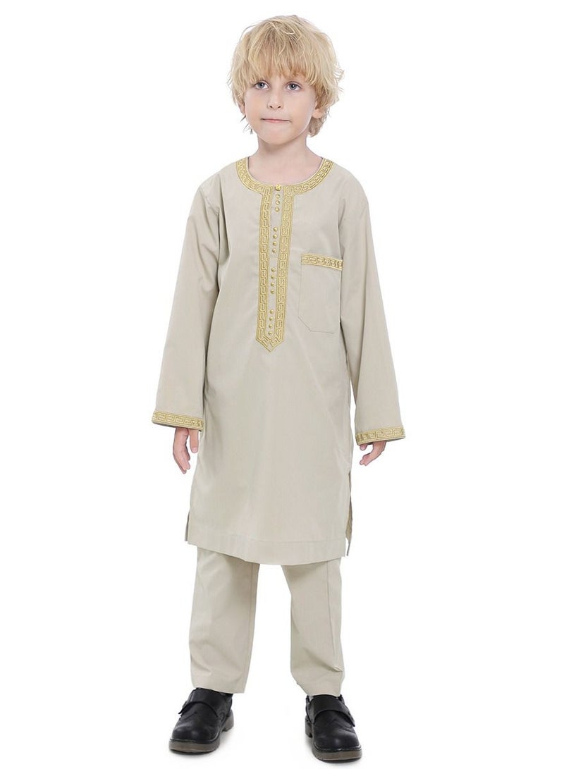 Boy's Muslim Clothing Kaftan Set Middle East Youth Embroidered Robe Suit Round Neck Islamic Dress Arabic Wear Beige