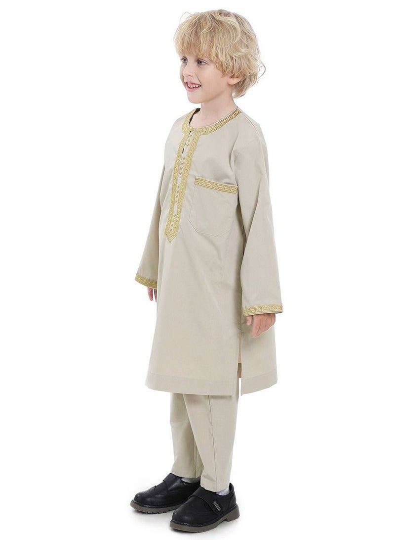 Boy's Muslim Clothing Kaftan Set Middle East Youth Embroidered Robe Suit Round Neck Islamic Dress Arabic Wear Beige