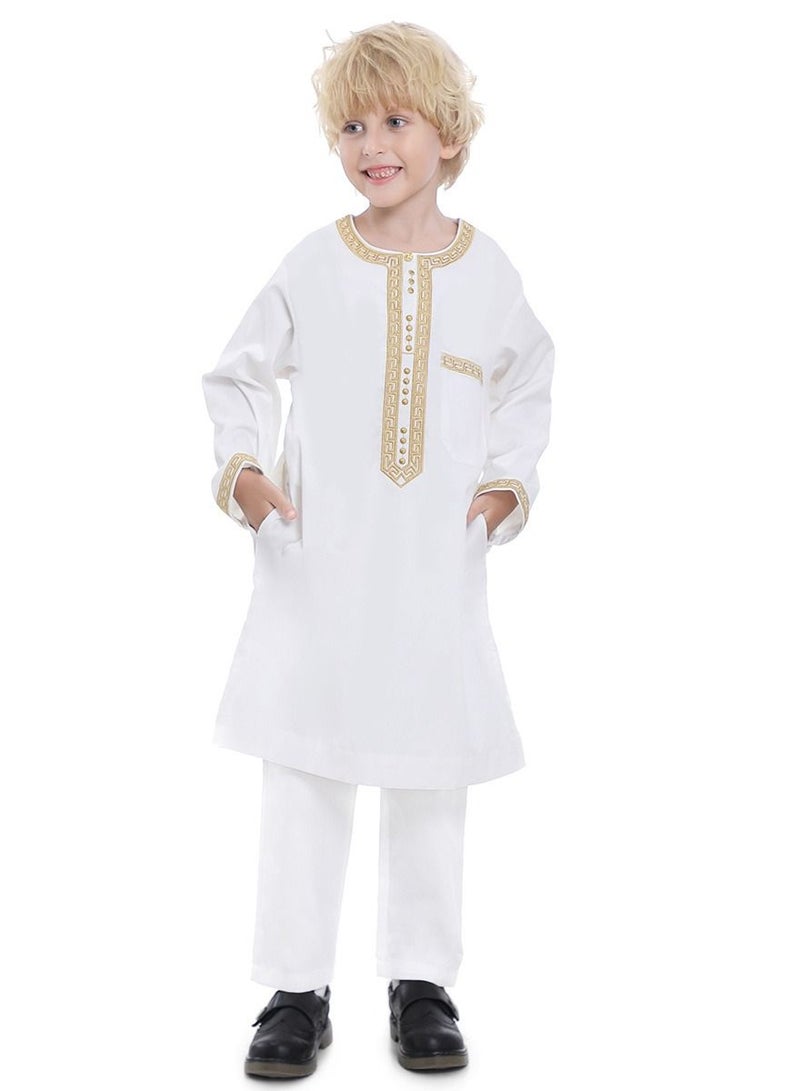 Boy's Muslim Clothing Kaftan Set Middle East Youth Embroidered Robe Suit Round Neck Islamic Dress Arabic Wear White