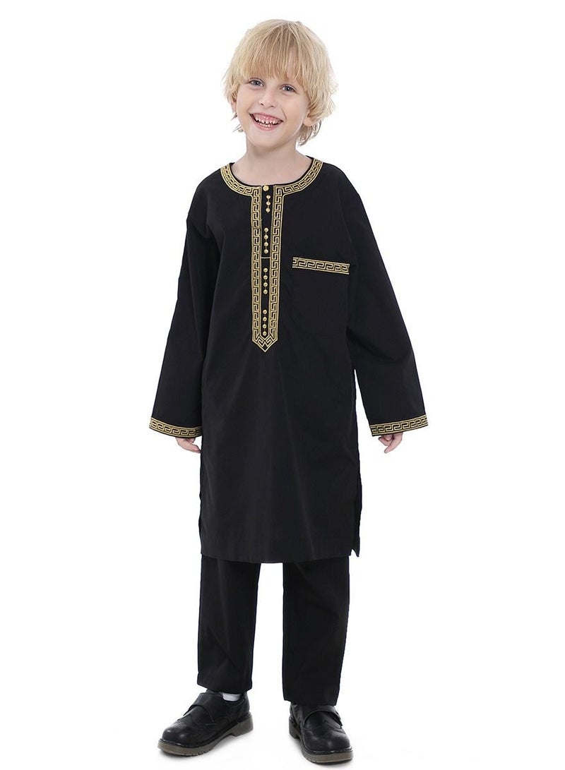 Boy's Muslim Clothing Kaftan Set Middle East Youth Embroidered Robe Suit Round Neck Islamic Dress Arabic Wear Black