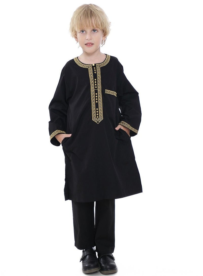 Boy's Muslim Clothing Kaftan Set Middle East Youth Embroidered Robe Suit Round Neck Islamic Dress Arabic Wear Black