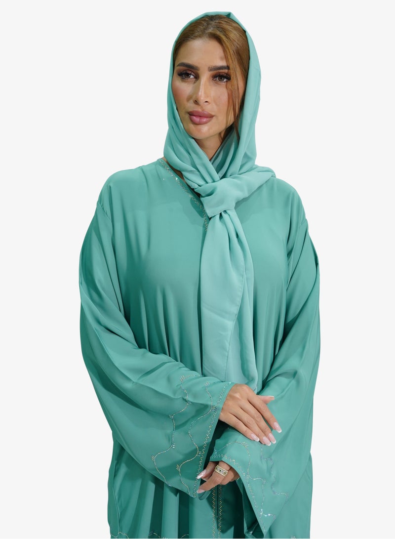 Beautiful Ziqzaq Stone Women’s abaya in Green Cyan Color Korean Nida Fabric