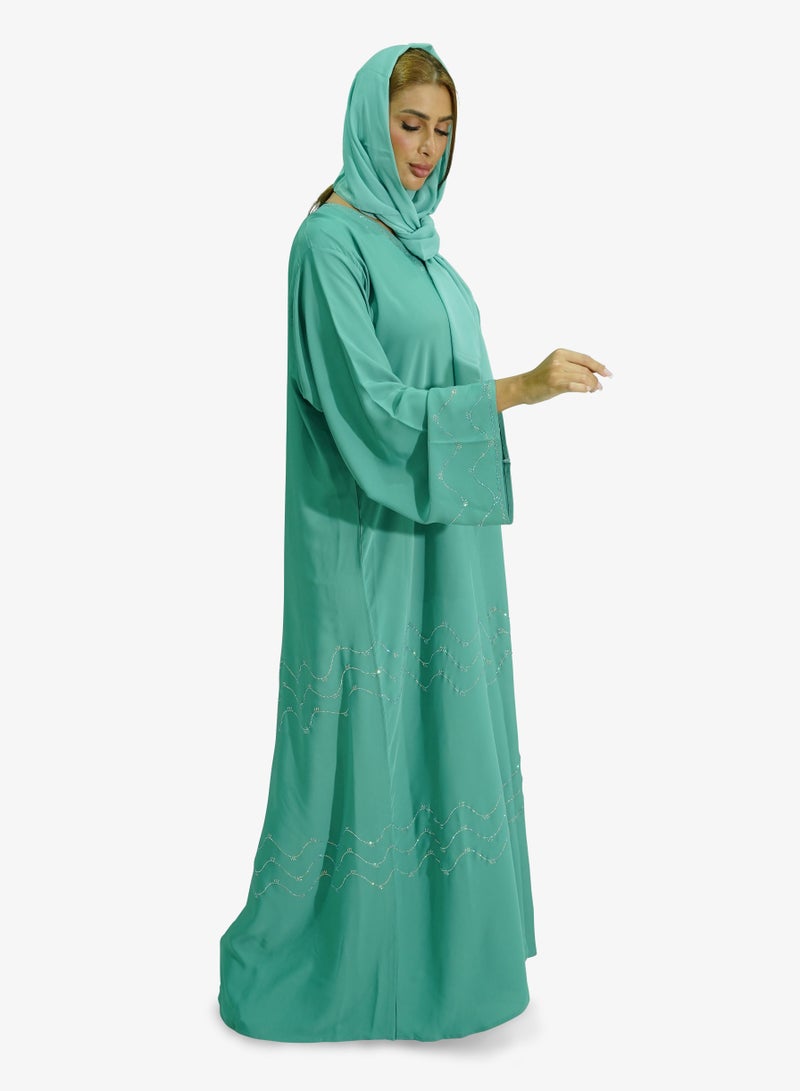 Beautiful Ziqzaq Stone Women’s abaya in Green Cyan Color Korean Nida Fabric