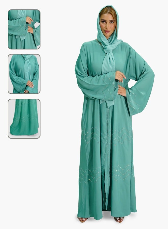 Beautiful Ziqzaq Stone Women’s abaya in Green Cyan Color Korean Nida Fabric