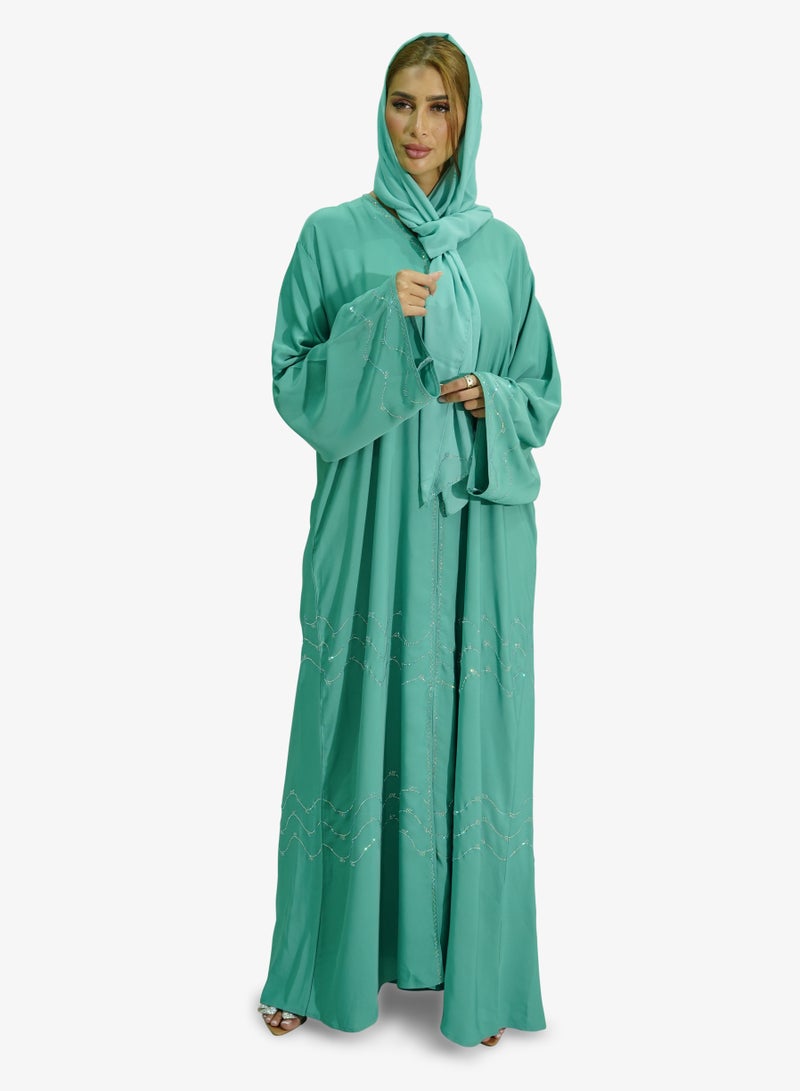 Beautiful Ziqzaq Stone Women’s abaya in Green Cyan Color Korean Nida Fabric