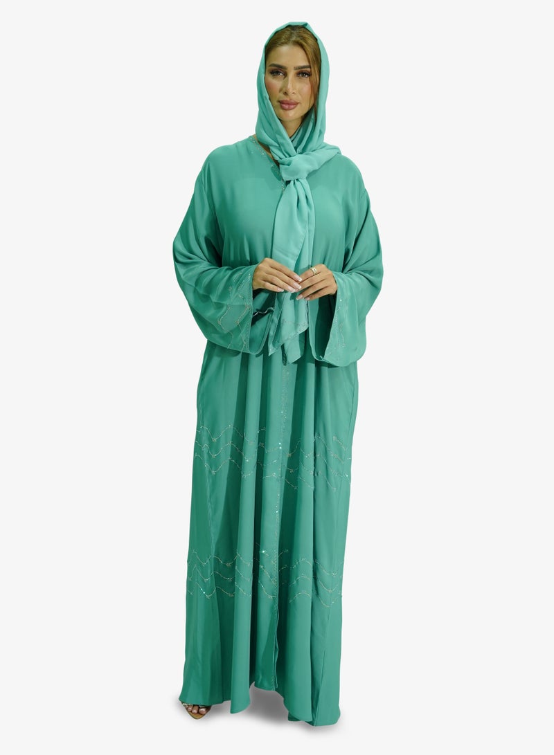 Beautiful Ziqzaq Stone Women’s abaya in Green Cyan Color Korean Nida Fabric