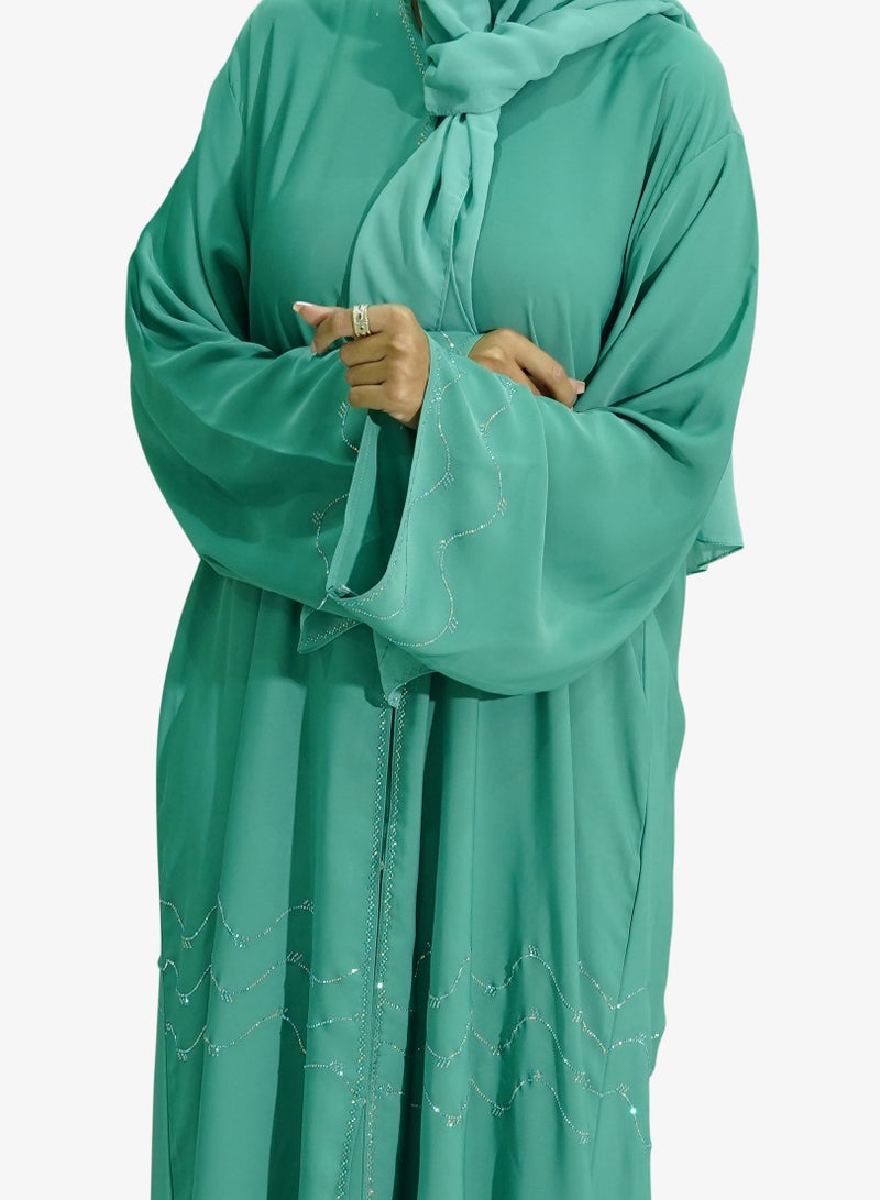 Beautiful Ziqzaq Stone Women’s abaya in Green Cyan Color Korean Nida Fabric