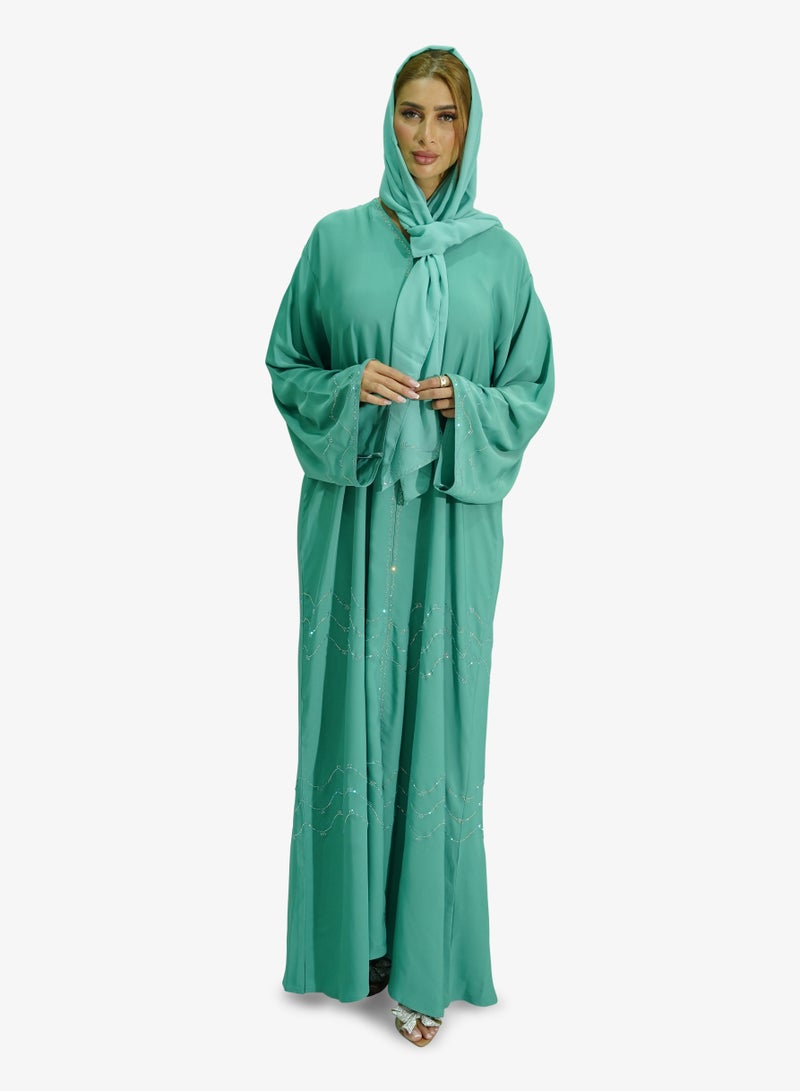 Beautiful Ziqzaq Stone Women’s abaya in Green Cyan Color Korean Nida Fabric