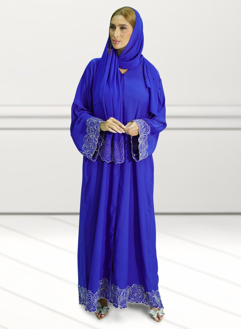 Women’s Royel Blue Color Embroidered Habiba Aari Design Open Abaya