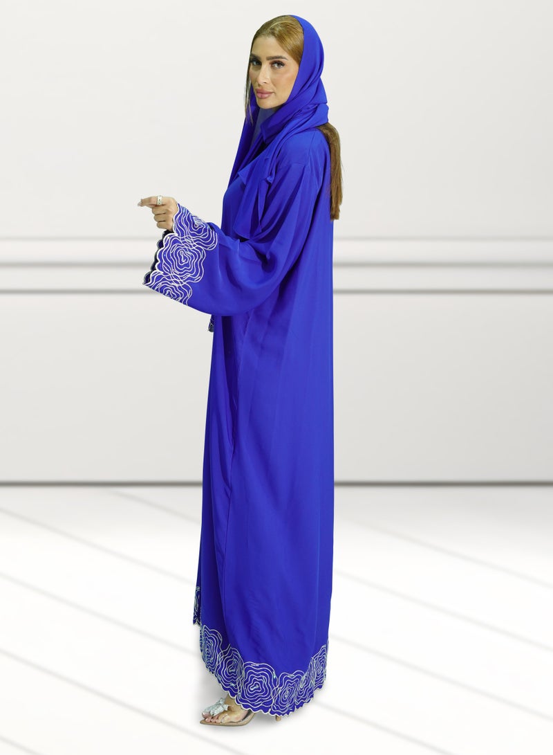 Women’s Royel Blue Color Embroidered Habiba Aari Design Open Abaya