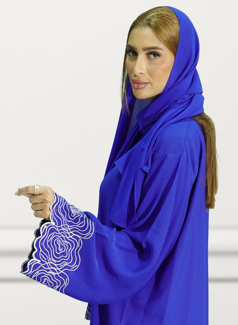 Women’s Royel Blue Color Embroidered Habiba Aari Design Open Abaya