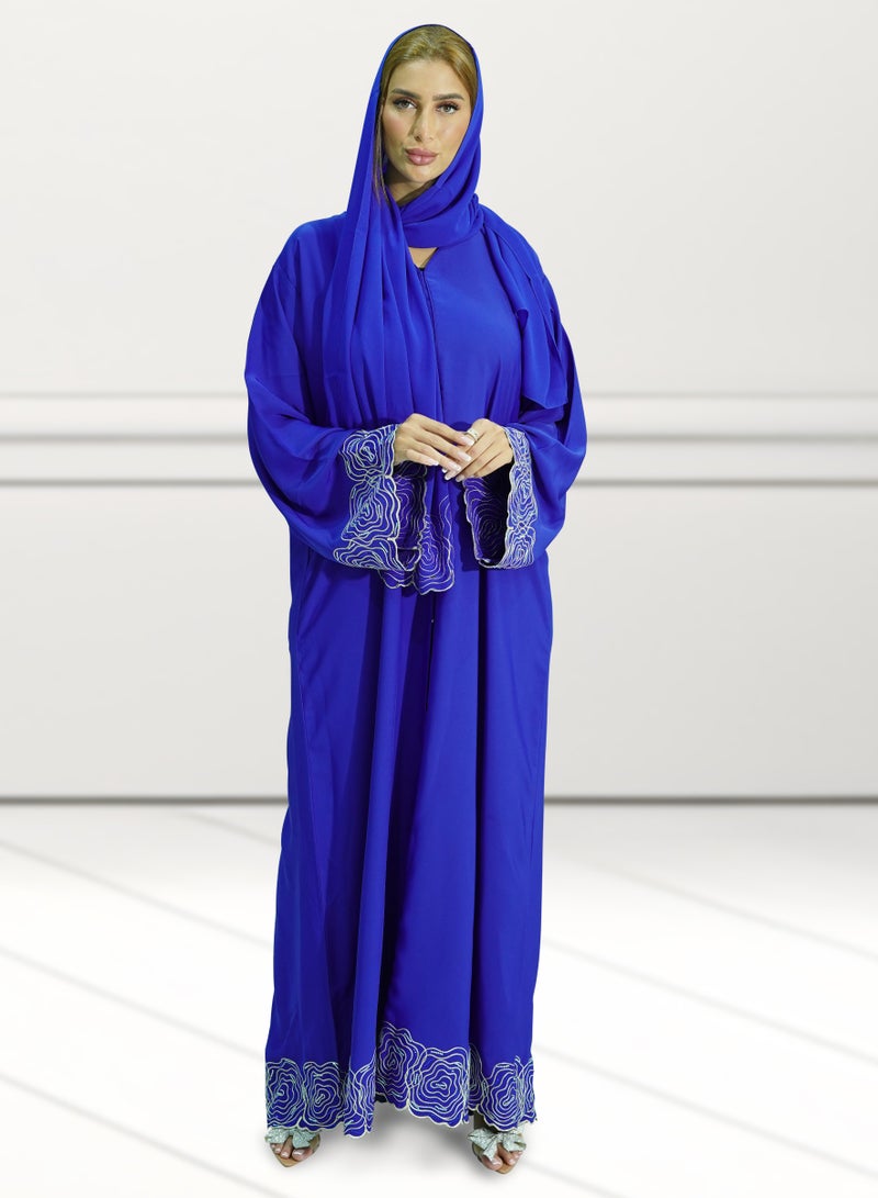 Women’s Royel Blue Color Embroidered Habiba Aari Design Open Abaya