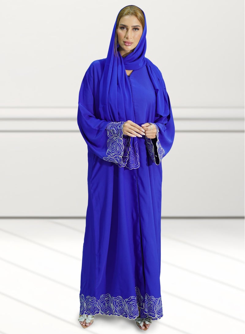 Women’s Royel Blue Color Embroidered Habiba Aari Design Open Abaya