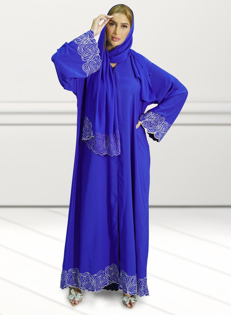 Women’s Royel Blue Color Embroidered Habiba Aari Design Open Abaya