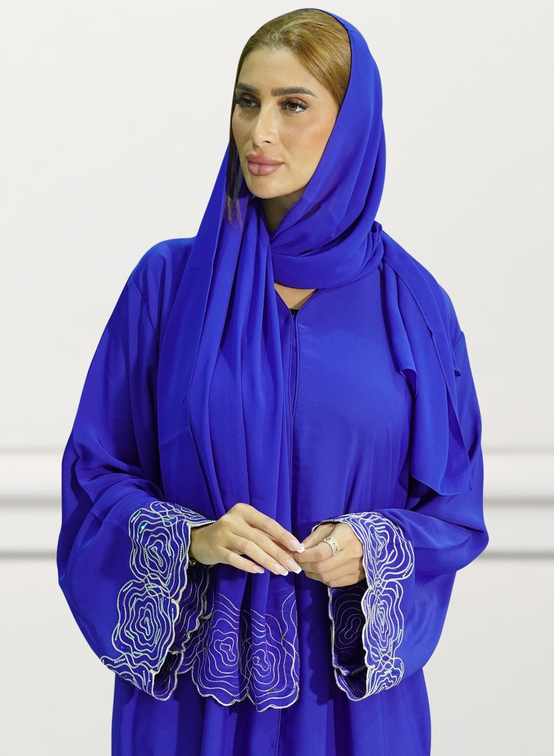 Women’s Royel Blue Color Embroidered Habiba Aari Design Open Abaya