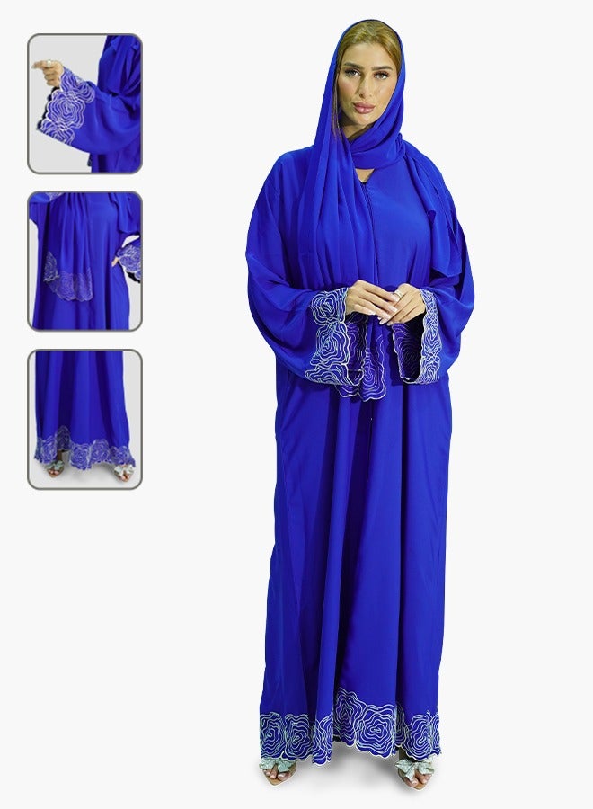 Women’s Royel Blue Color Embroidered Habiba Aari Design Open Abaya