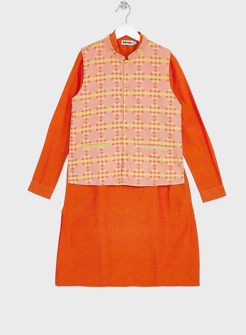 Kids Printed Jacket & Kurta Set