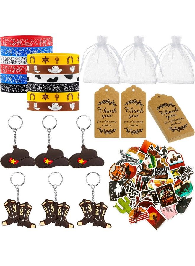 125 Pcs Western Party Favors Set Include Cowboy Rubber Bracelets Western Themed Boot Hat Keychains West Cowboy Stickers Kraft Paper Thank You Tags For Western Themed Party Cowboy Themed Baby Shower