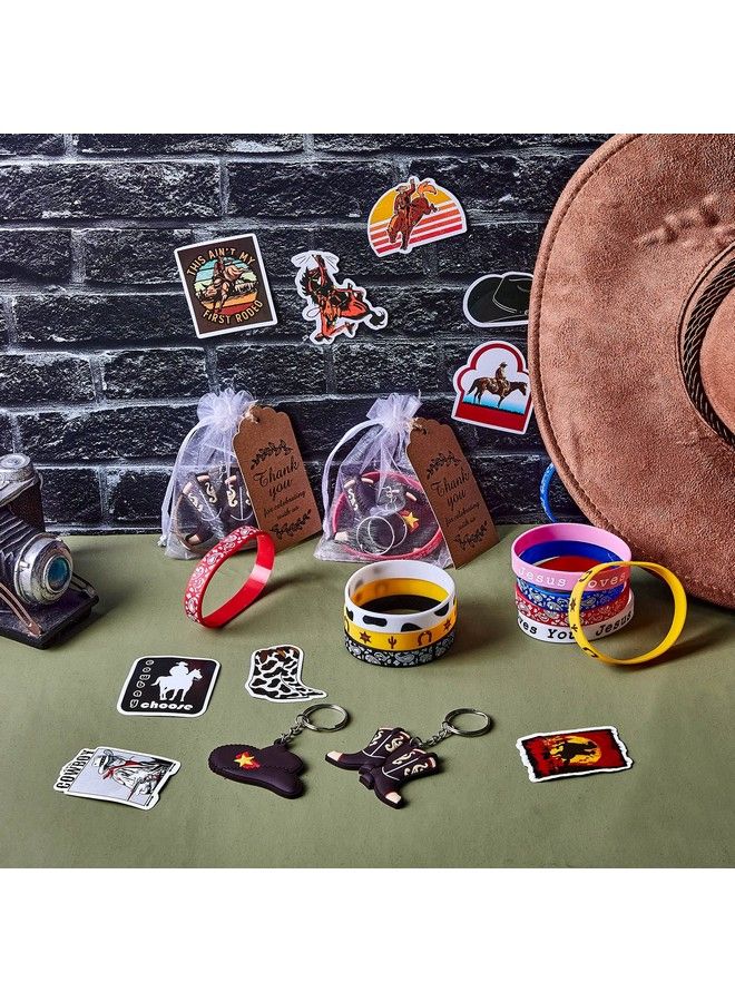 125 Pcs Western Party Favors Set Include Cowboy Rubber Bracelets Western Themed Boot Hat Keychains West Cowboy Stickers Kraft Paper Thank You Tags For Western Themed Party Cowboy Themed Baby Shower