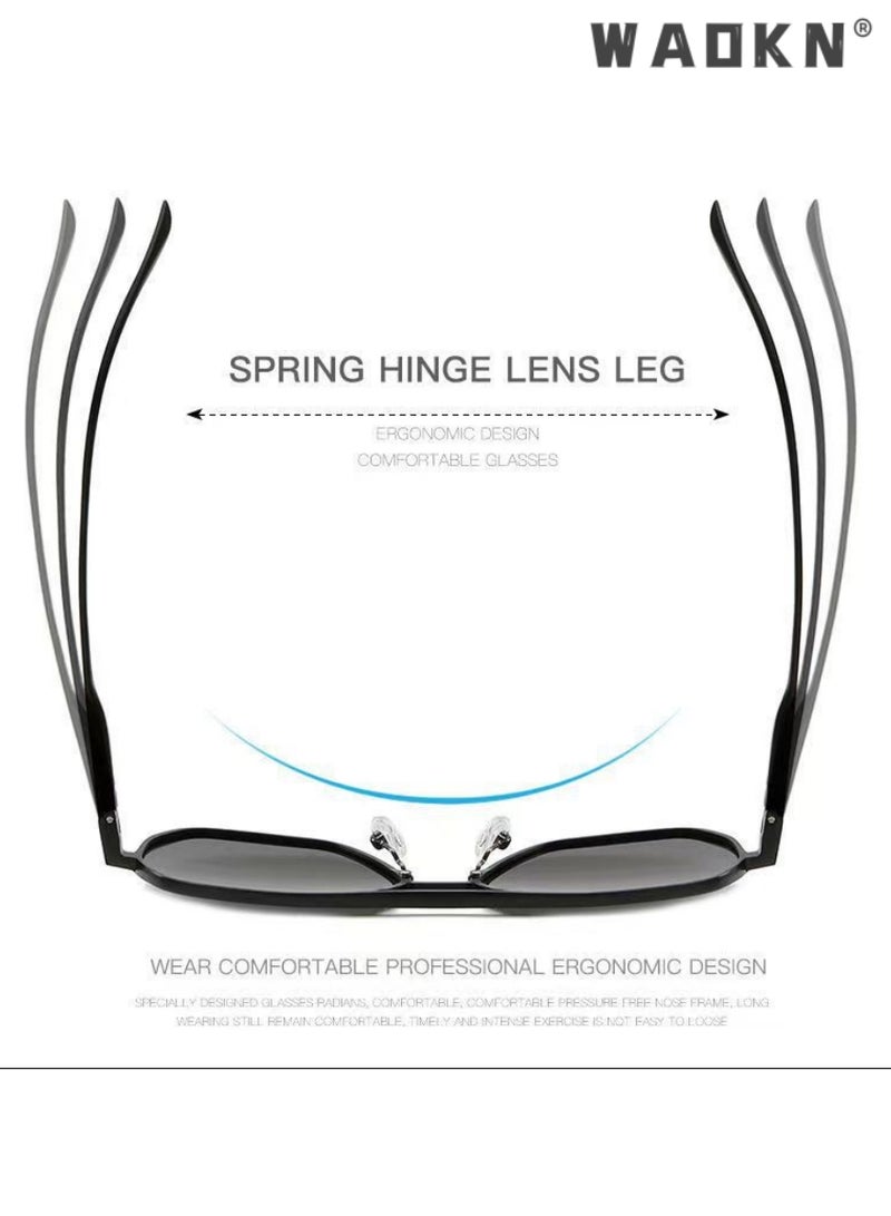 Men's Polarized Sunglasses Black Gray Polygon Lens UV400 Aluminum-Magnesium Alloy Arms for Driving Traveling Hunting with Case 58mm (Black)