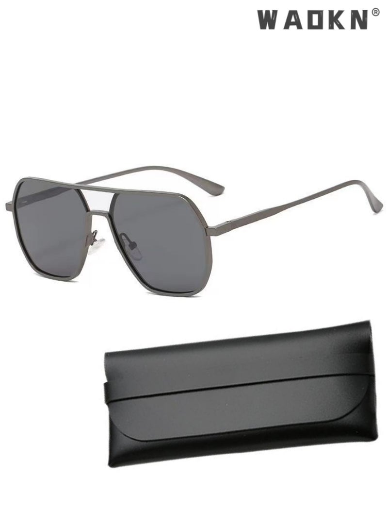 Men's Polarized Sunglasses Black Gray Polygon Lens UV400 Aluminum Magnesium Alloy Arms for Driving Traveling Hunting with Case ,Fashion Anti-Glare Sun Shades for Driving, Fishing, Traveling
