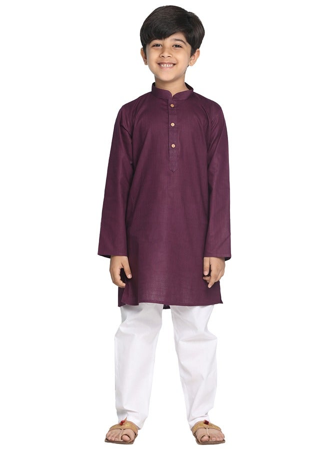 Boys' Purple And White Kurta Pyjama Set
