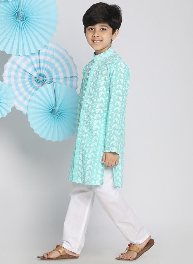 Boys' Green And White Kurta Pyjama Set