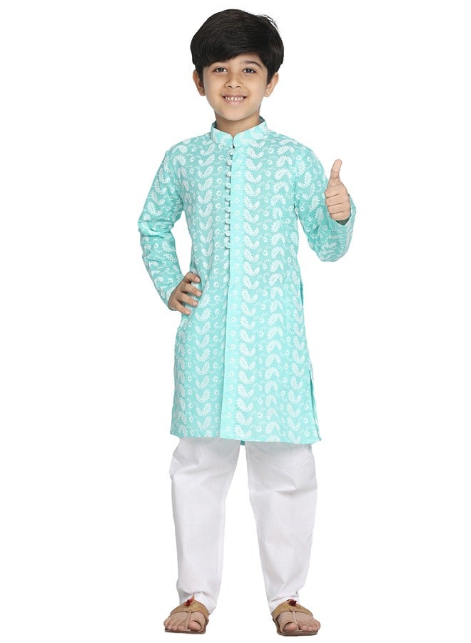 Boys' Green And White Kurta Pyjama Set