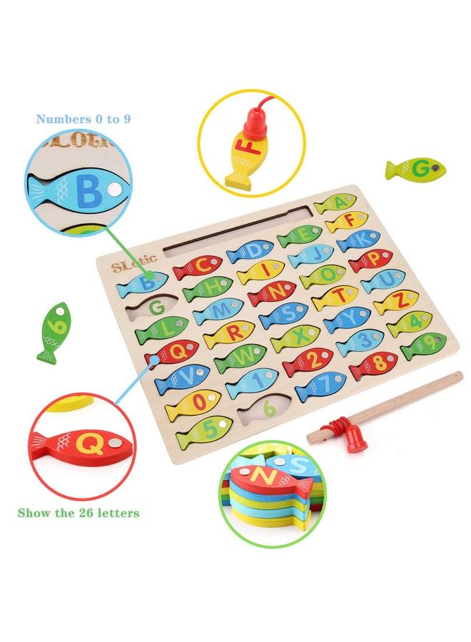 Magnetic Wooden Fishing Game Toy For Toddlers Alphabet Abc Fish Catching Counting Learning Education Math Preschool Board Games Toys Gifts For 3 4 5 Years Old Girl Boy Kids